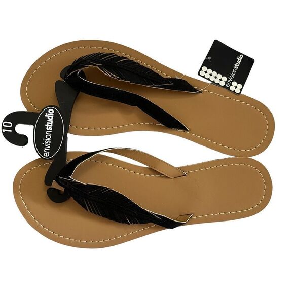 Envision Studios Black Feather Faux Suede Flat Flip Flop Sandals Size 10 NWT - Picture 1 of 8